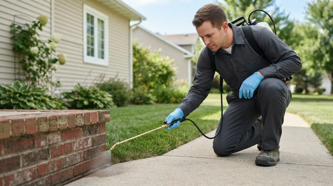 Pest control technician treating a home near Booneville, IA