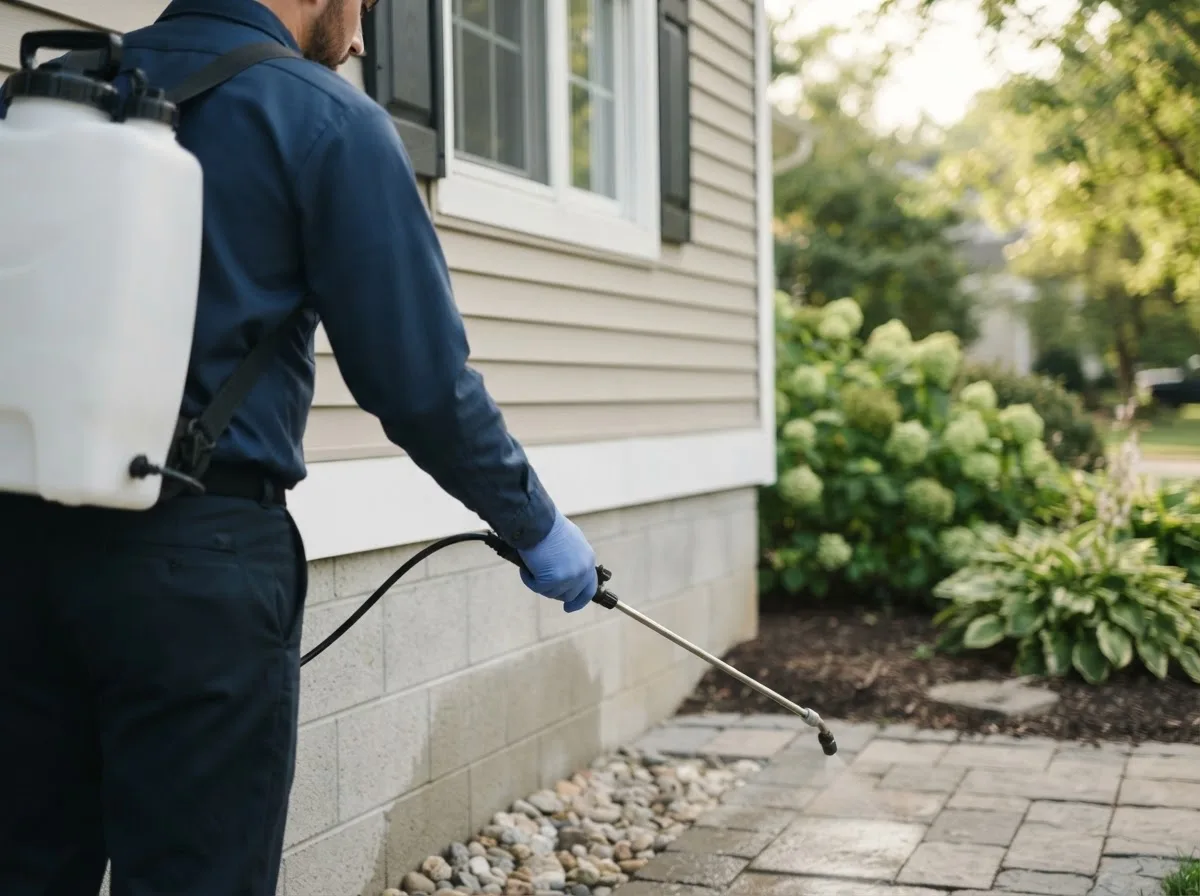 Pest control technician inspecting a home in Booneville, IA